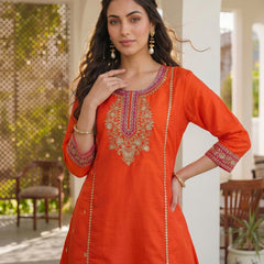 Women's Silk With Cotton Lining Embroidered A-Line Kurta with Pant & Chanderi Cotton Dupatta Set