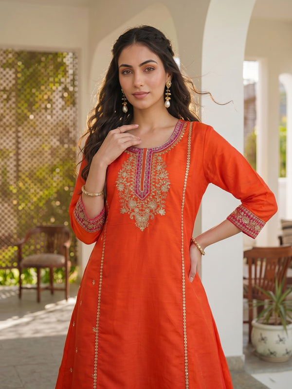 Women's Silk With Cotton Lining Embroidered A-Line Kurta with Pant & Chanderi Cotton Dupatta Set