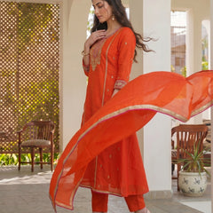 Women's Silk With Cotton Lining Embroidered A-Line Kurta with Pant & Chanderi Cotton Dupatta Set