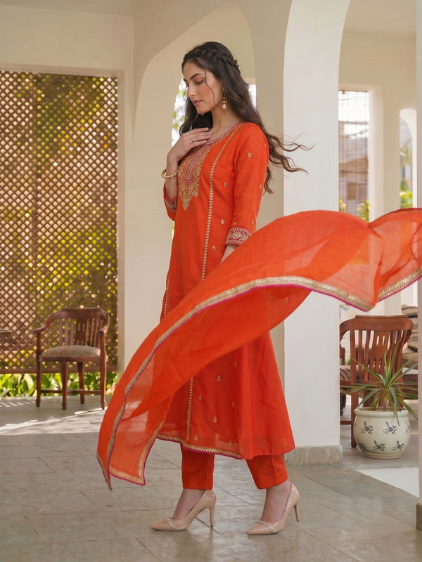 Women's Silk With Cotton Lining Embroidered A-Line Kurta with Pant & Chanderi Cotton Dupatta Set