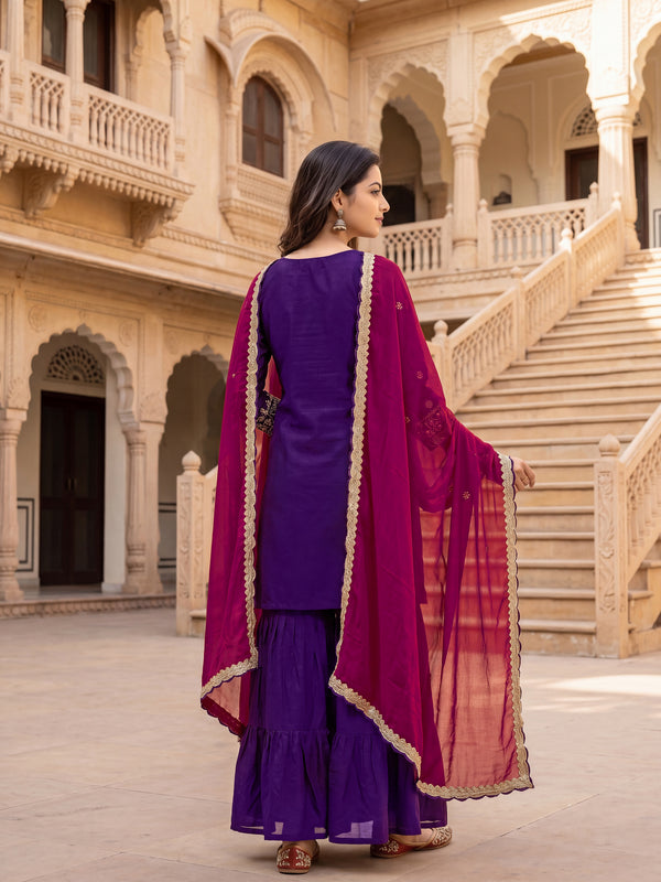 Women's Vichitra Silk with Lining Embroidered Straight Kurta with Pant & Dupatta Set