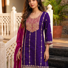 Women's Vichitra Silk with Lining Embroidered Straight Kurta with Pant & Dupatta Set