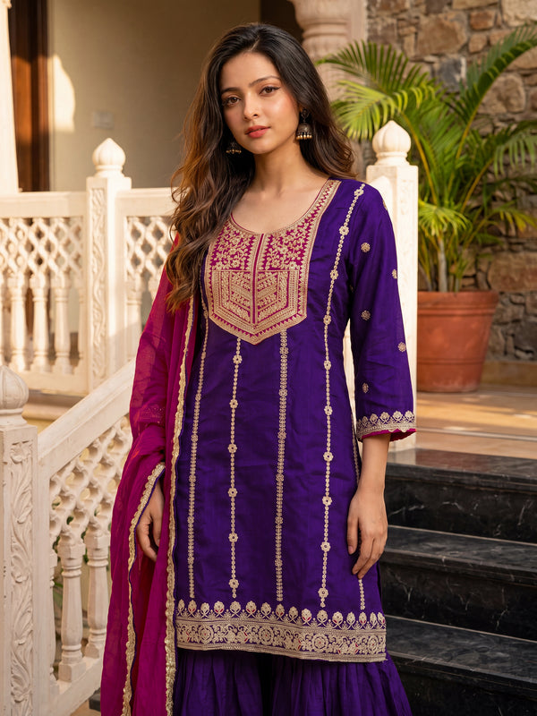 Women's Vichitra Silk with Lining Embroidered Straight Kurta with Pant & Dupatta Set