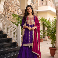 Women's Vichitra Silk with Lining Embroidered Straight Kurta with Pant & Dupatta Set