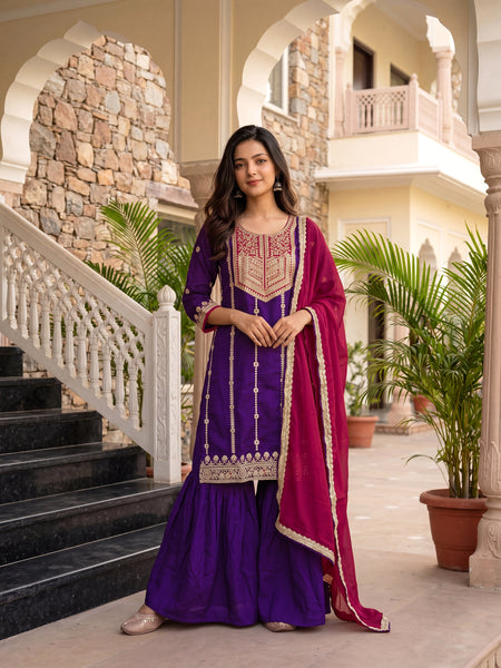 Women's Vichitra Silk with Lining Embroidered Straight Kurta with Pant & Dupatta Set