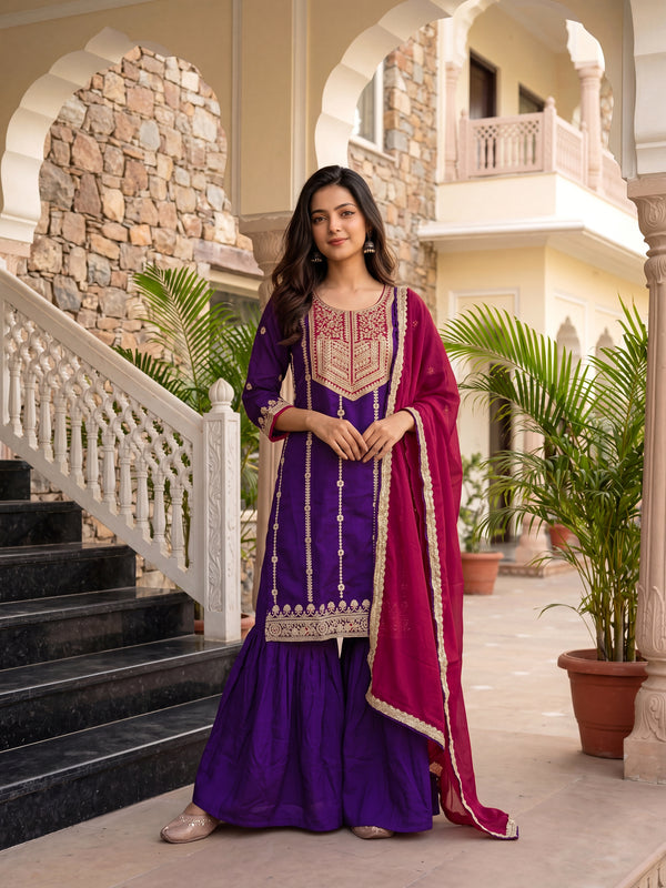 Women's Vichitra Silk with Lining Embroidered Straight Kurta with Pant & Dupatta Set