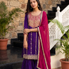 Women's Vichitra Silk with Lining Embroidered Straight Kurta with Pant & Dupatta Set
