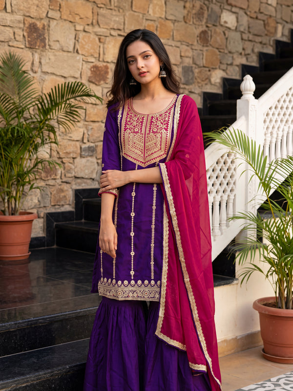 Women's Vichitra Silk with Lining Embroidered Straight Kurta with Pant & Dupatta Set