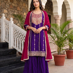 Women's Vichitra Silk with Lining Embroidered Straight Kurta with Pant & Dupatta Set