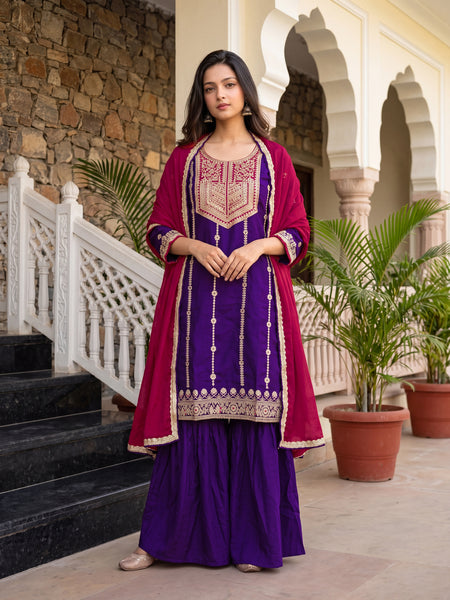 Women's Vichitra Silk with Lining Embroidered Straight Kurta with Pant & Dupatta Set