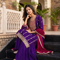 Women's Vichitra Silk with Lining Embroidered Straight Kurta with Pant & Dupatta Set