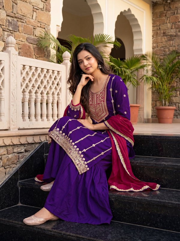 Women's Vichitra Silk with Lining Embroidered Straight Kurta with Pant & Dupatta Set