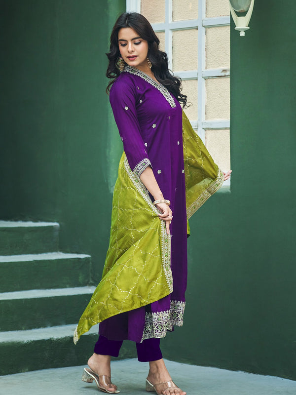 Women's Silk Kurta Pant Set with Silk Dupatta