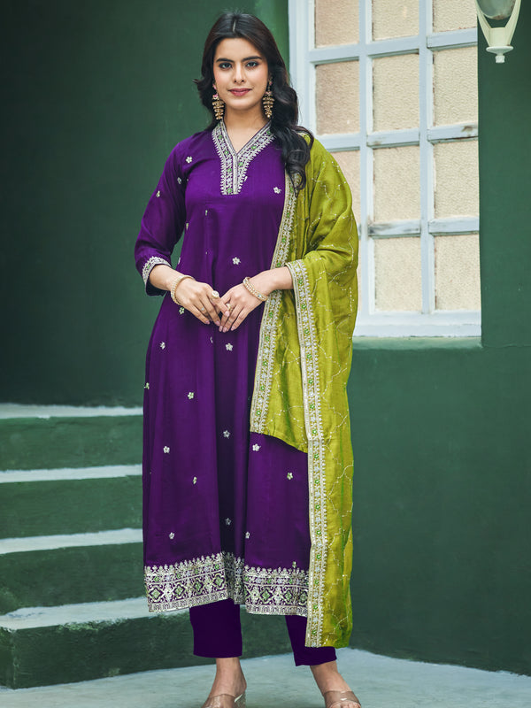 Women's Silk Kurta Pant Set with Silk Dupatta