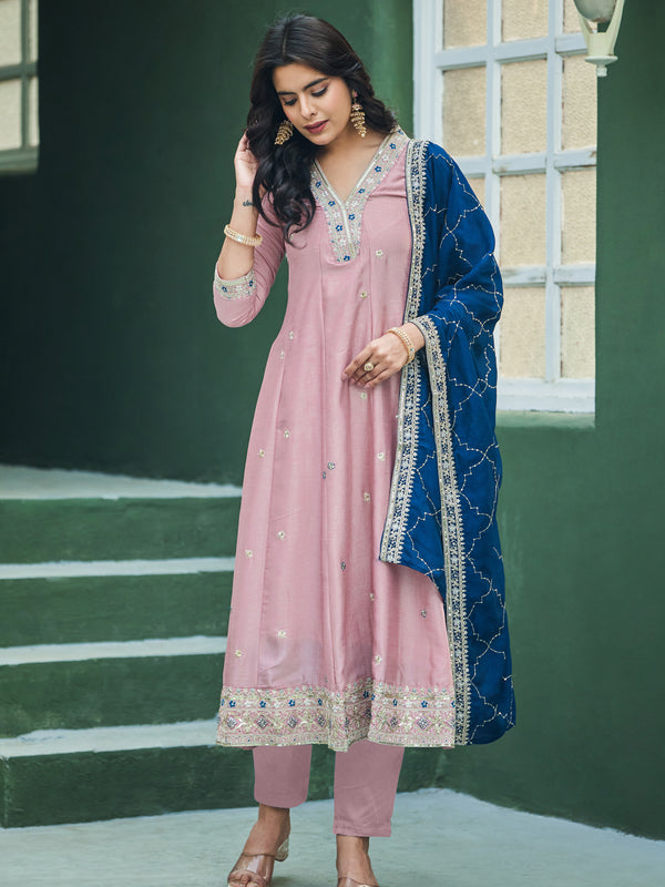 Women’s Vichitra Silk Embroidered Kurta With Bottom & Dupatta Set
