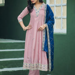 Women’s Vichitra Silk Embroidered Kurta With Bottom & Dupatta Set