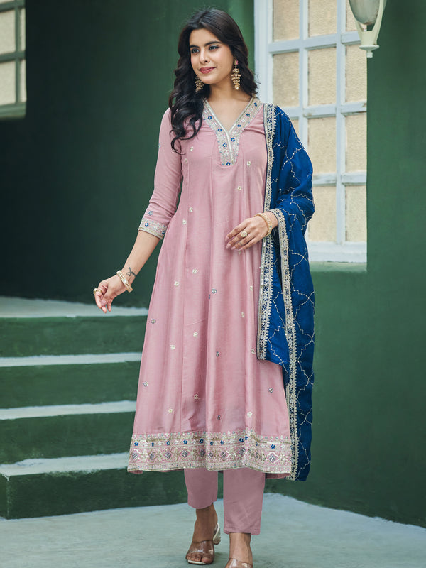 Women’s Vichitra Silk Embroidered Kurta With Bottom & Dupatta Set