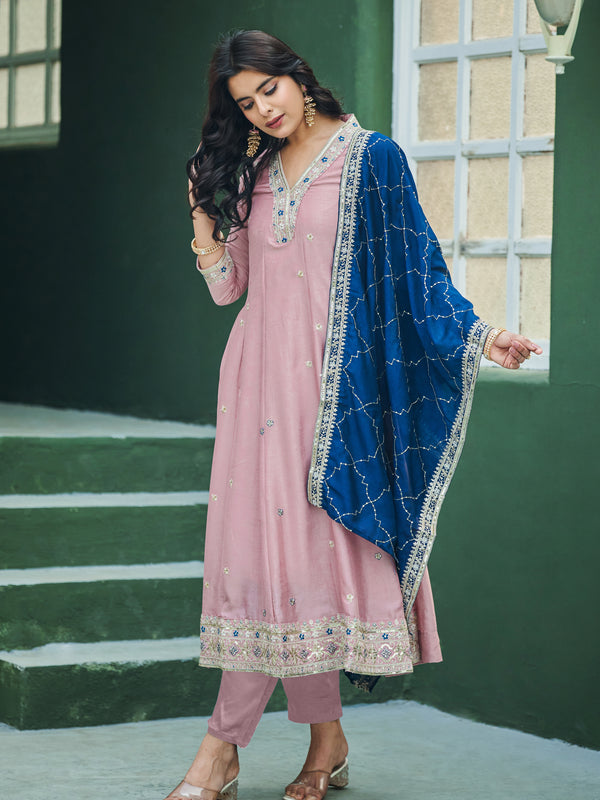 Women’s Vichitra Silk Embroidered Kurta With Bottom & Dupatta Set