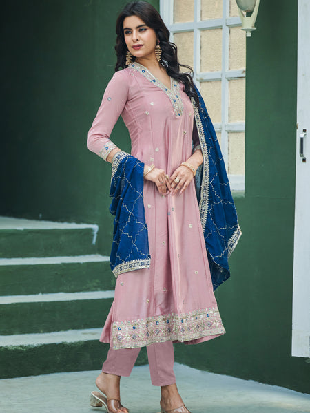 Women’s Vichitra Silk Embroidered Kurta With Bottom & Dupatta Set