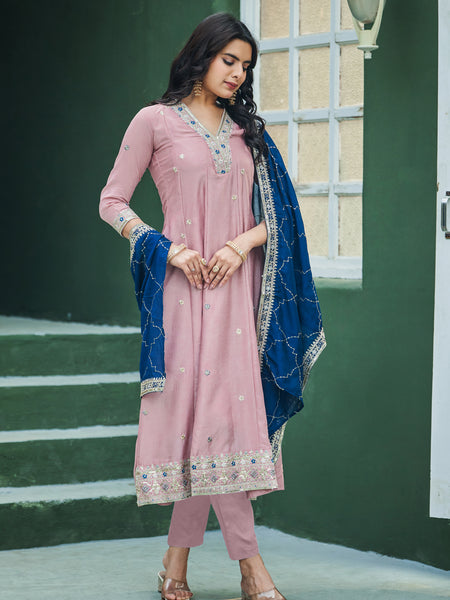 Women’s Vichitra Silk Embroidered Kurta With Bottom & Dupatta Set
