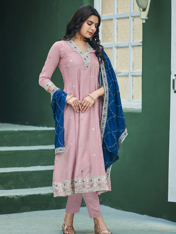 Women’s Vichitra Silk Embroidered Kurta With Bottom & Dupatta Set