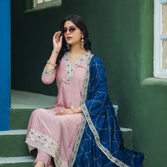 Women’s Vichitra Silk Embroidered Kurta With Bottom & Dupatta Set