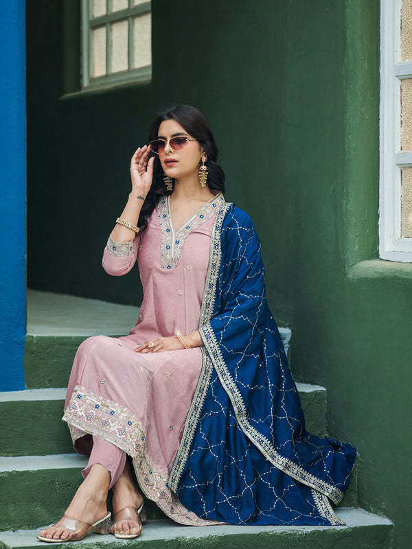 Women’s Vichitra Silk Embroidered Kurta With Bottom & Dupatta Set