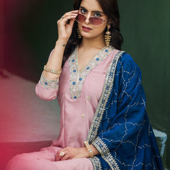Women’s Vichitra Silk Embroidered Kurta With Bottom & Dupatta Set