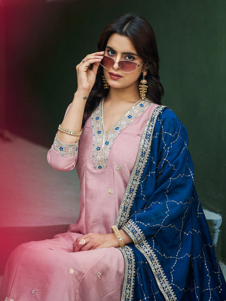 Women’s Vichitra Silk Embroidered Kurta With Bottom & Dupatta Set