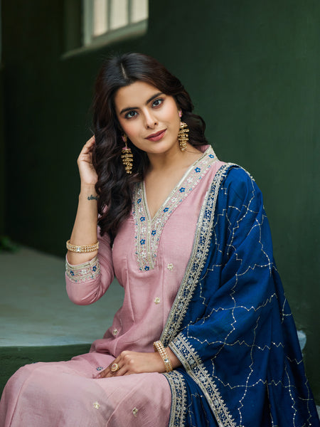 Women’s Vichitra Silk Embroidered Kurta With Bottom & Dupatta Set