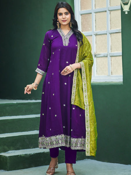 Women's Silk Kurta Pant Set with Silk Dupatta