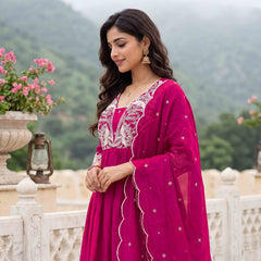 Women's Embroidered Vichitra Silk Flared Kurta with Rayon Pant & Dupatta Set