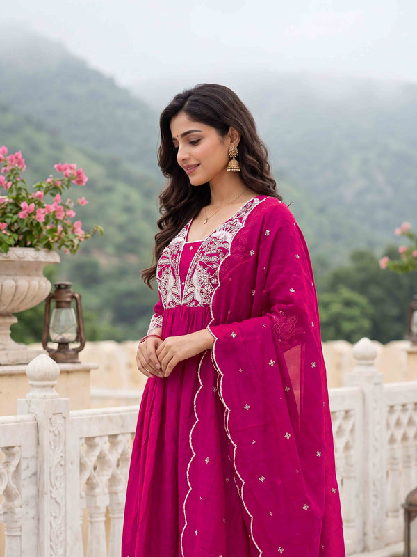 Women's Embroidered Vichitra Silk Flared Kurta with Rayon Pant & Dupatta Set