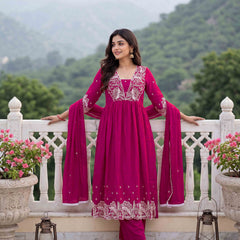 Women's Embroidered Vichitra Silk Flared Kurta with Rayon Pant & Dupatta Set