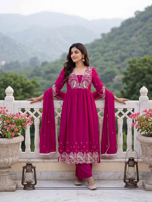 Women's Embroidered Vichitra Silk Flared Kurta with Rayon Pant & Dupatta Set