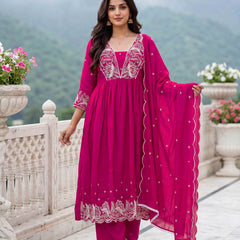 Women's Embroidered Vichitra Silk Flared Kurta with Rayon Pant & Dupatta Set