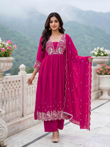 Women's Embroidered Vichitra Silk Flared Kurta with Rayon Pant & Dupatta Set