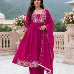 Women's Embroidered Vichitra Silk Flared Kurta with Rayon Pant & Dupatta Set