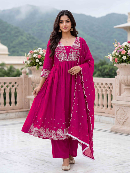 Women's Embroidered Vichitra Silk Flared Kurta with Rayon Pant & Dupatta Set