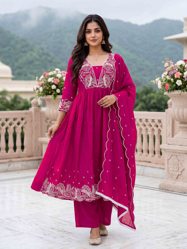 Women's Embroidered Vichitra Silk Flared Kurta with Rayon Pant & Dupatta Set