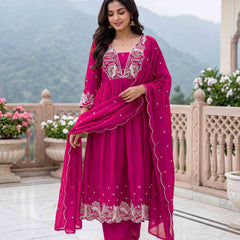 Women's Embroidered Vichitra Silk Flared Kurta with Rayon Pant & Dupatta Set