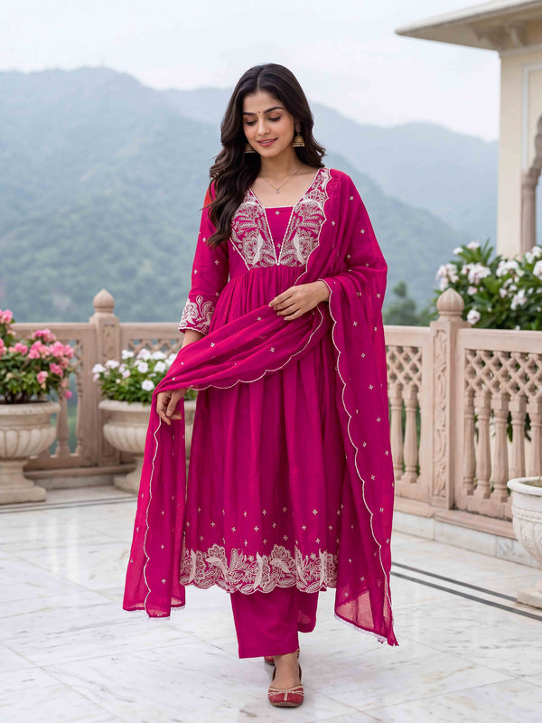 Women's Embroidered Vichitra Silk Flared Kurta with Rayon Pant & Dupatta Set