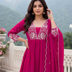 Women's Embroidered Vichitra Silk Flared Kurta with Rayon Pant & Dupatta Set