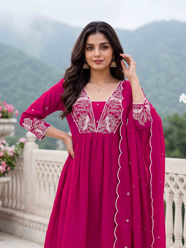 Women's Embroidered Vichitra Silk Flared Kurta with Rayon Pant & Dupatta Set