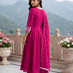Women's Embroidered Vichitra Silk Flared Kurta with Rayon Pant & Dupatta Set