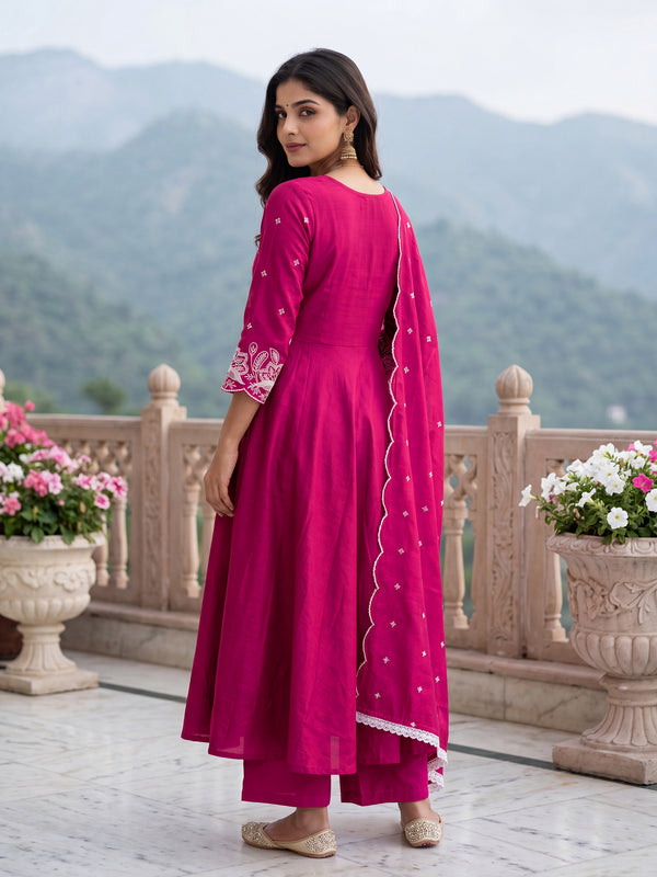 Women's Embroidered Vichitra Silk Flared Kurta with Rayon Pant & Dupatta Set