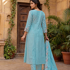 Women’s Silk Embroidered Flared Kurta With Pant & Heavy Embroidered Dupatta Set