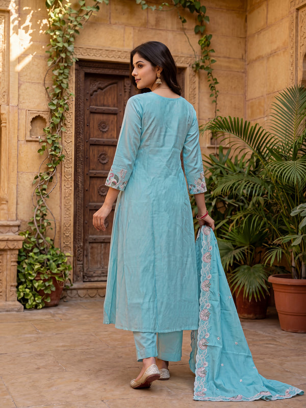 Women’s Silk Embroidered Flared Kurta With Pant & Heavy Embroidered Dupatta Set