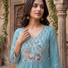 Women’s Silk Embroidered Flared Kurta With Pant & Heavy Embroidered Dupatta Set