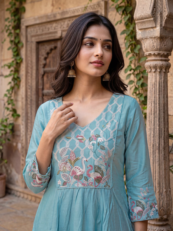 Women’s Silk Embroidered Flared Kurta With Pant & Heavy Embroidered Dupatta Set